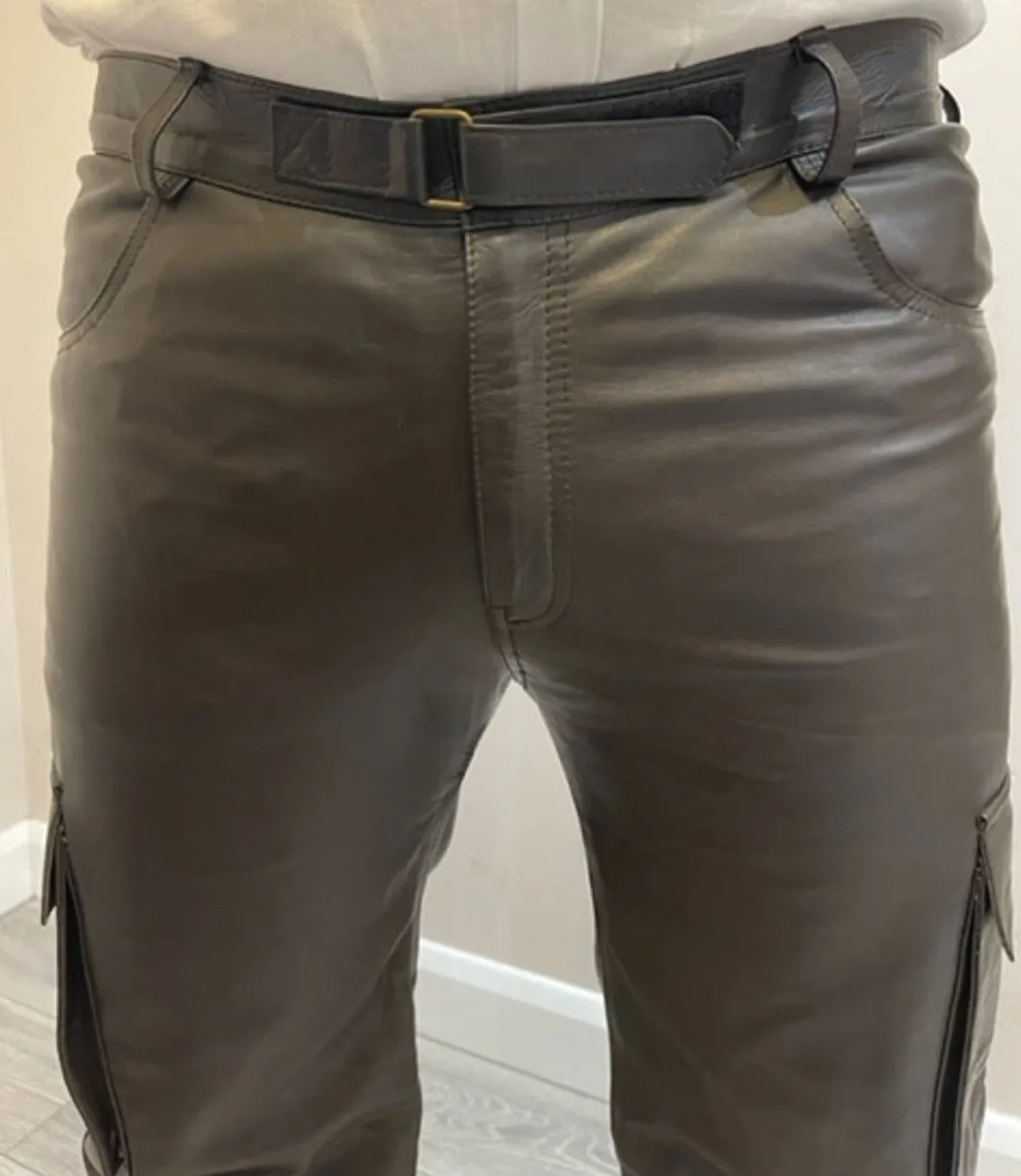 Men's Brown Genuine Leather Cargo trouser pants