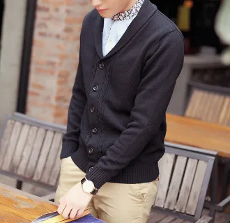 Mens Cable Knit Cardigan with Shawl Collar