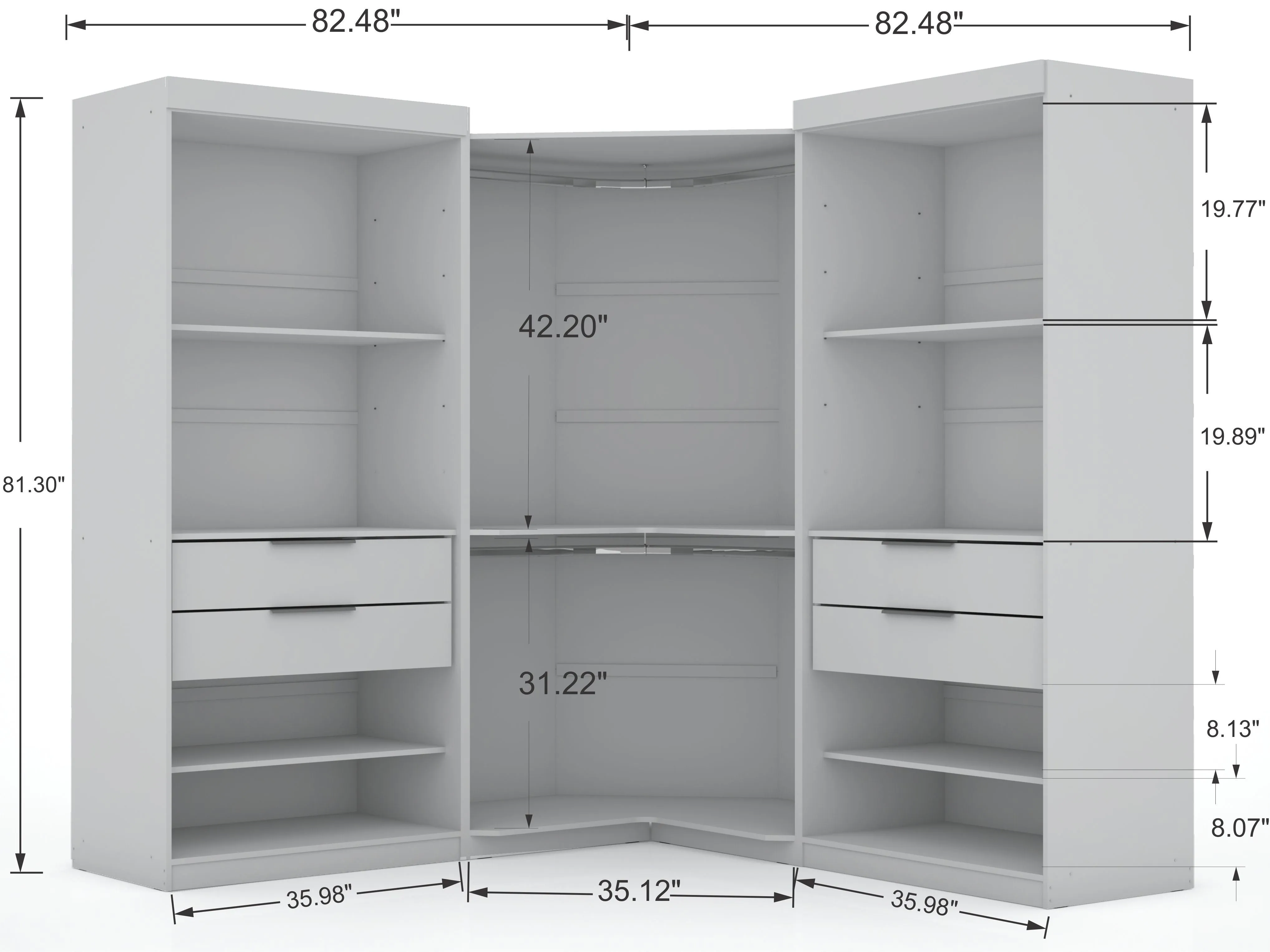 Mulberry 3.0 Sectional Modern Wardrobe Corner Closet with 4 Drawers - Set of 3 in White