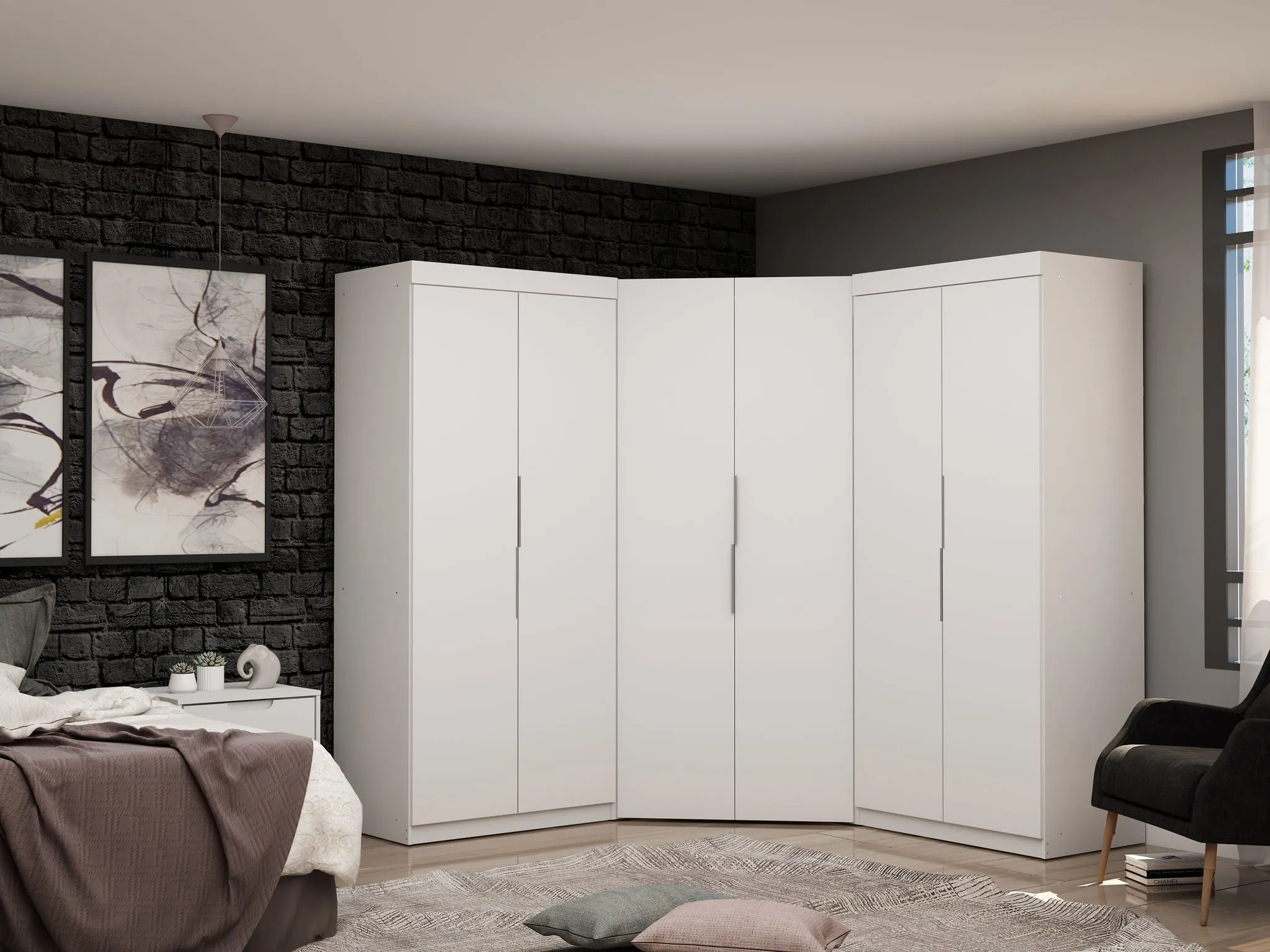 Mulberry 3.0 Sectional Modern Wardrobe Corner Closet with 4 Drawers - Set of 3 in White