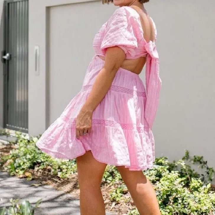 Nabie Back Bow Pink Baby Doll Mini Dress
