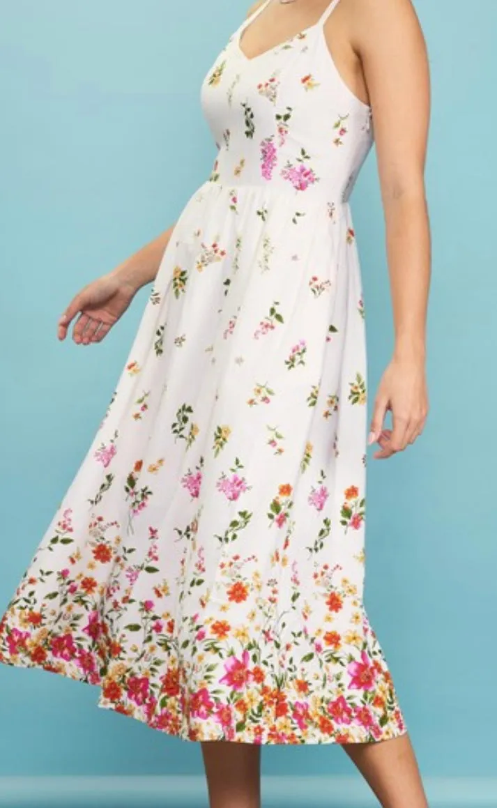 Nika Sleeveless Floral Midi Dress- White/Multi
