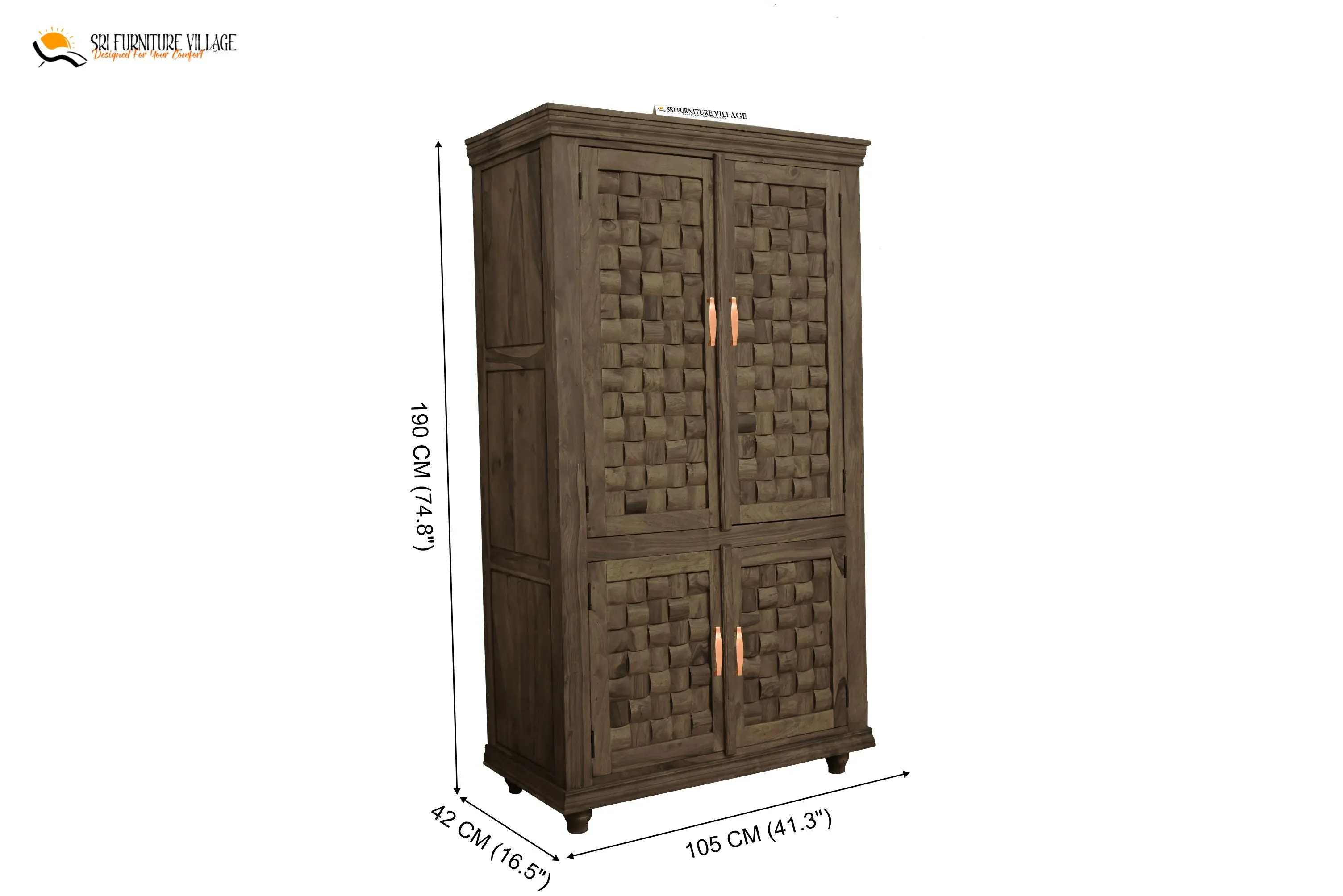 Niwar Solid Sheesham Wood 4 Door Wardrope (Natural Finish) - 6120