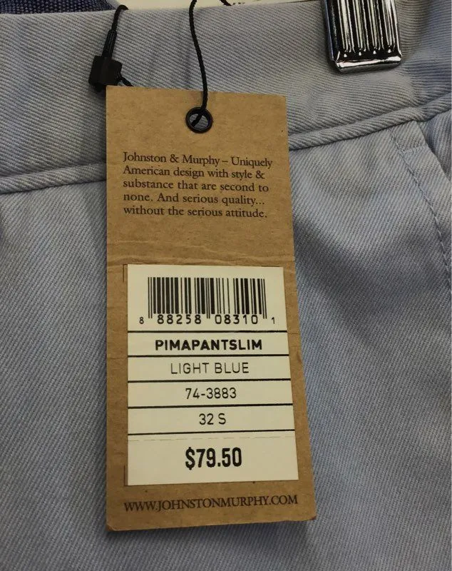 NWT Johnston & Murphy Men's Light Blue Slim Fit Chino Pants - Size 32WX30L