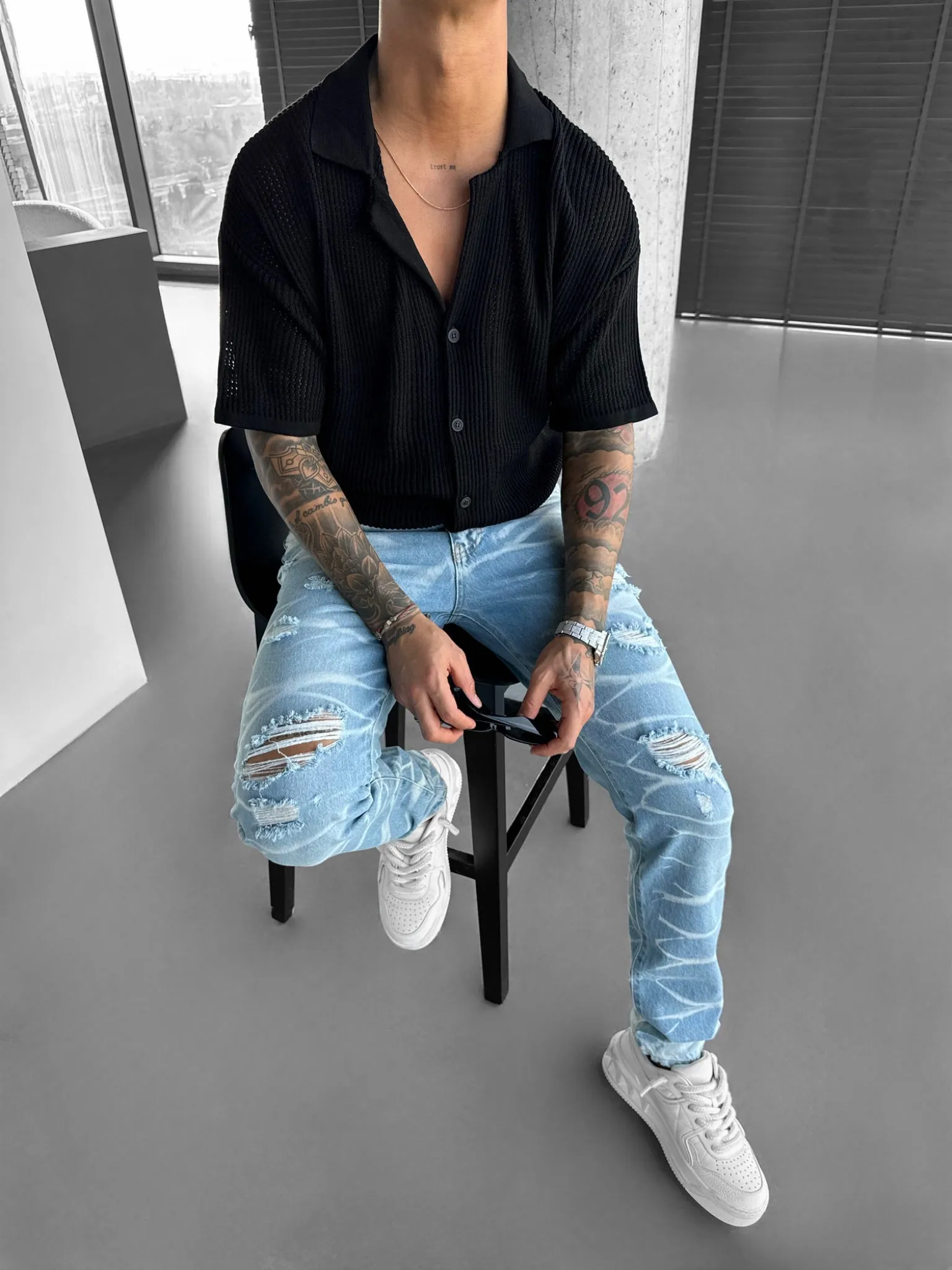 Oversize Grid Knit T-shirt - Black