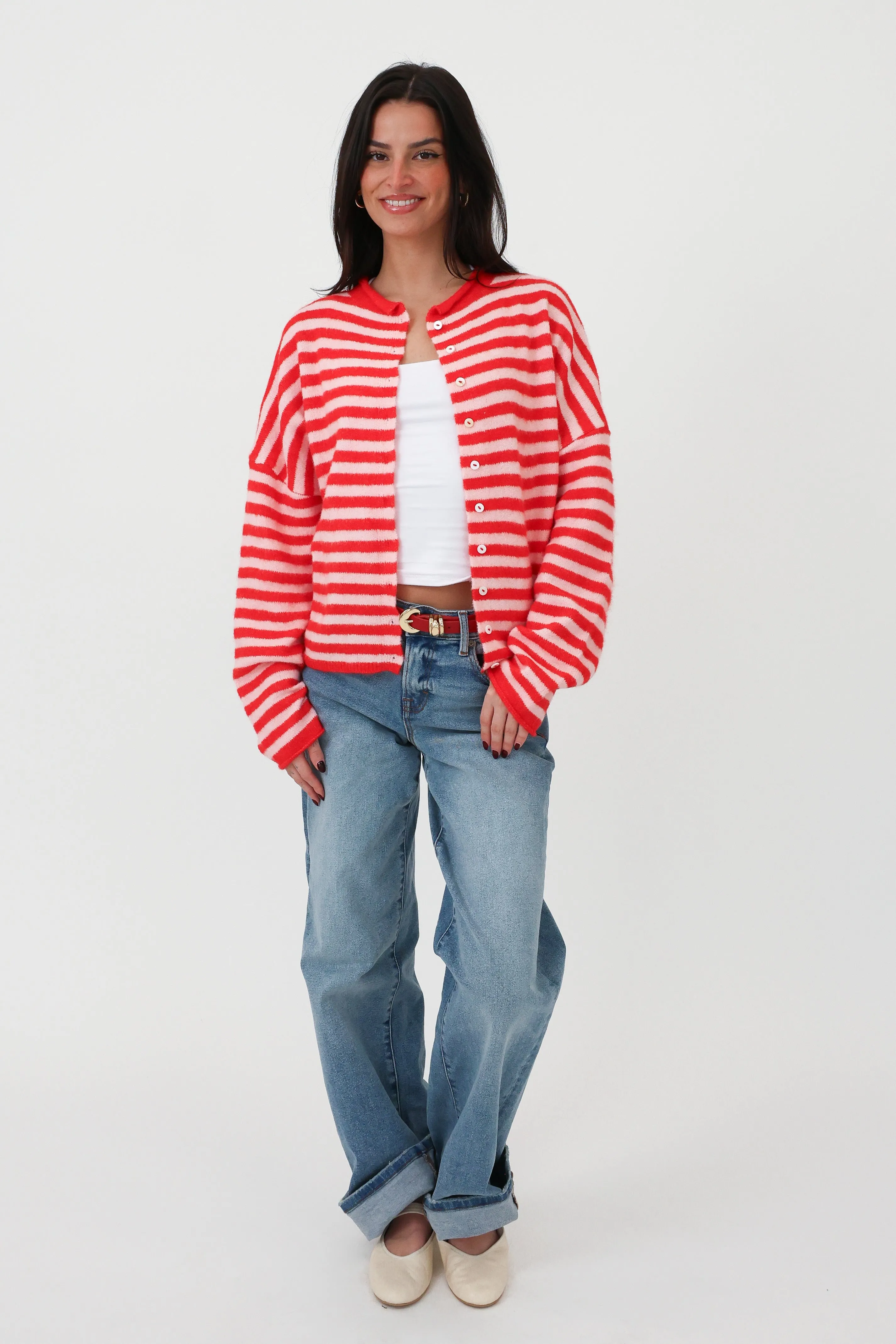 Phoebe Cardigan in Pink/Red Stripe
