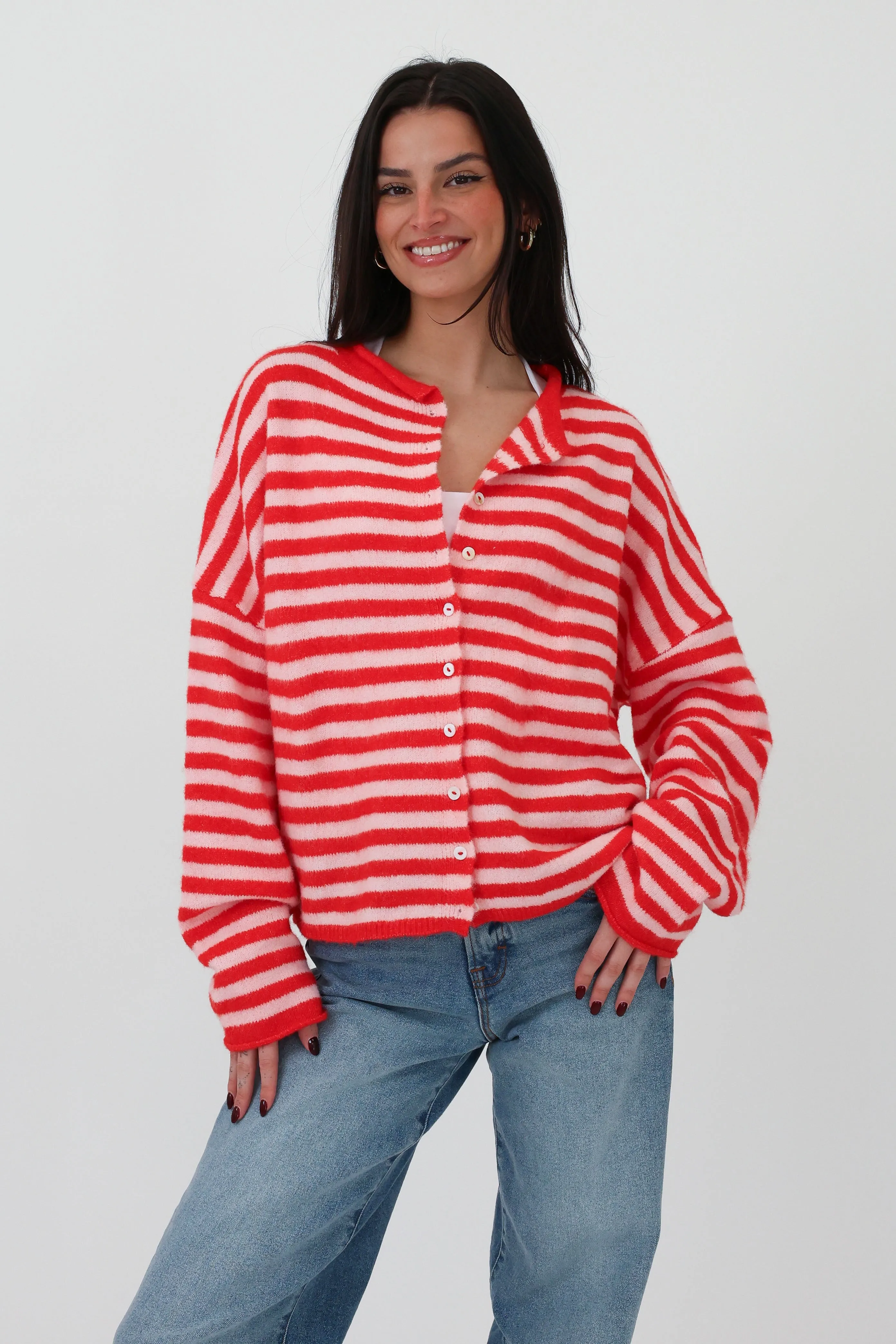 Phoebe Cardigan in Pink/Red Stripe