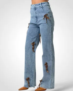 PLAID BOW DETAIL DENIM PANTS