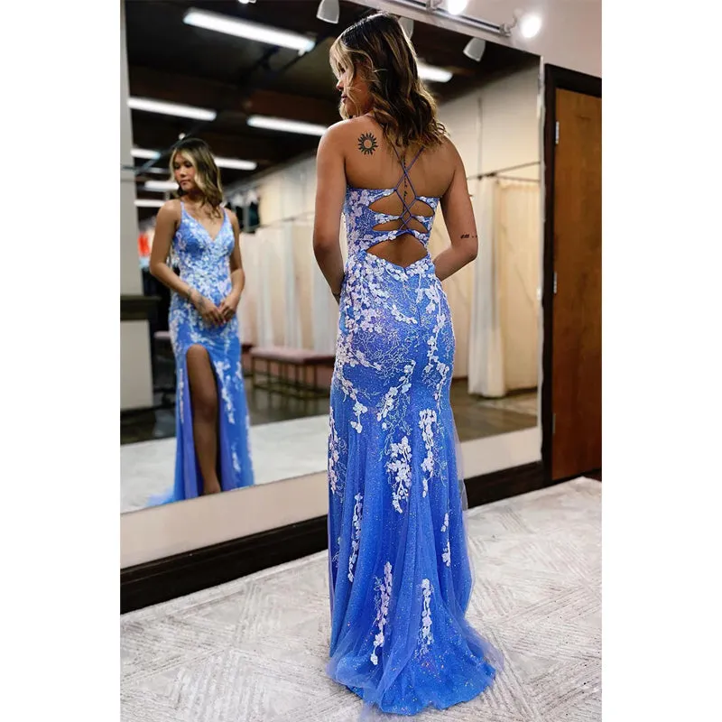 Plunging V-neck Embroidery Lace Long Prom Dress with Slit