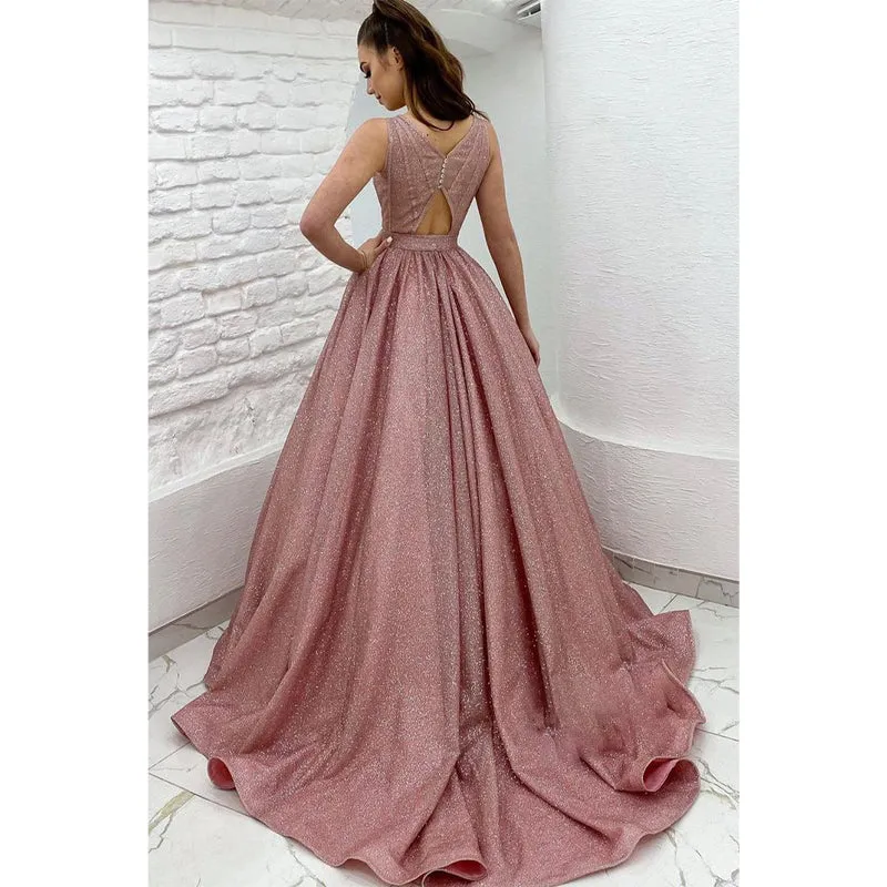 Pluning V-neck Pink Tulle Sparkly Prom Dress with Pockets