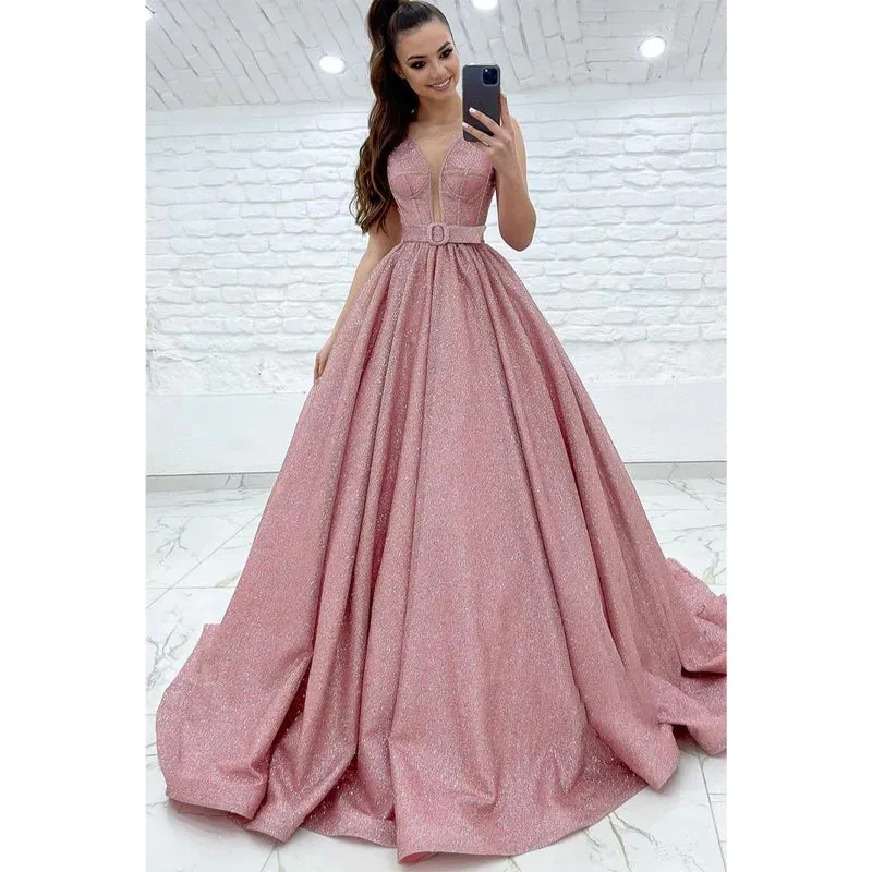 Pluning V-neck Pink Tulle Sparkly Prom Dress with Pockets
