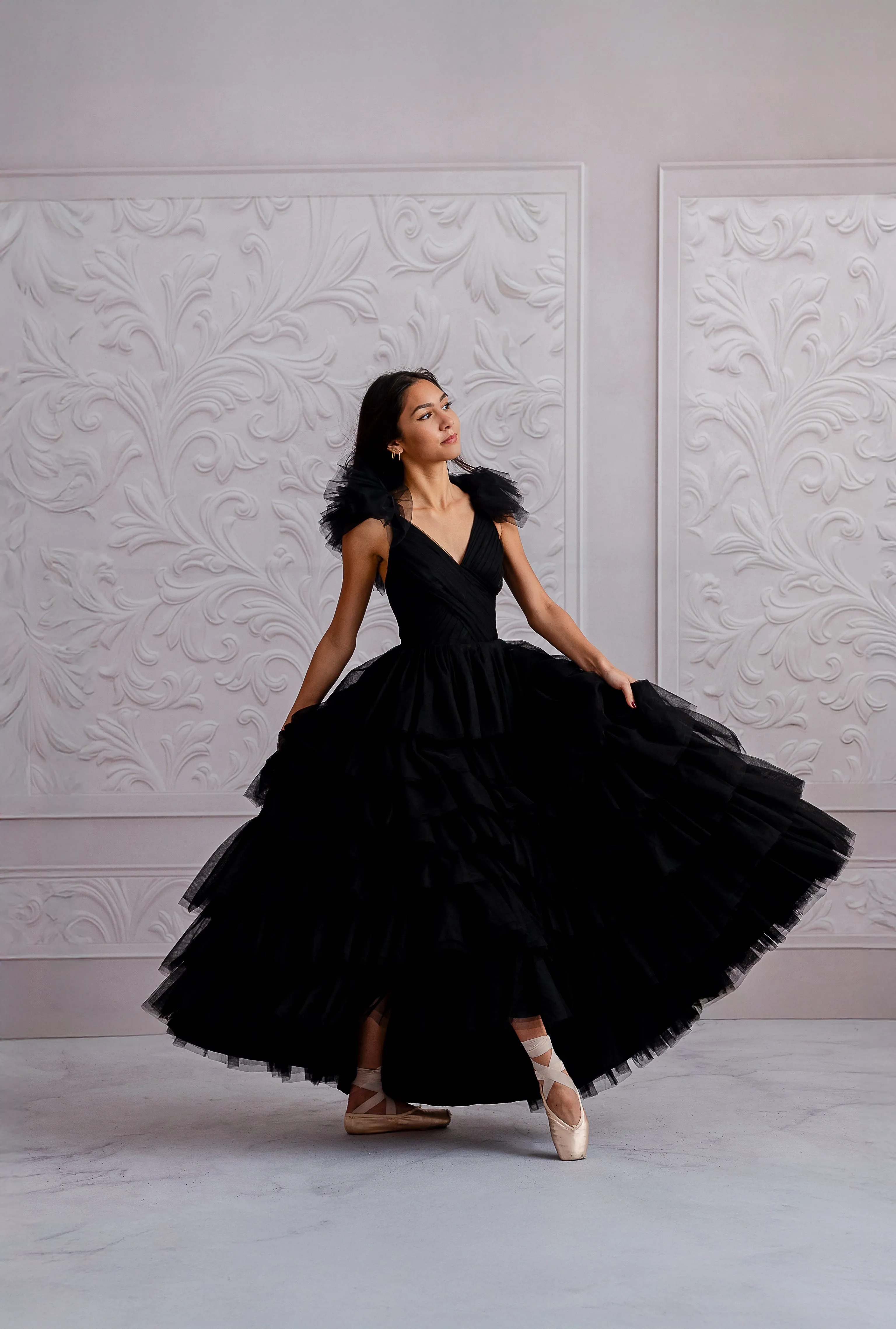 "Noir Reverie" Couture Floor-Length Gown in Black (Fits Ages 10 - Petite 14)