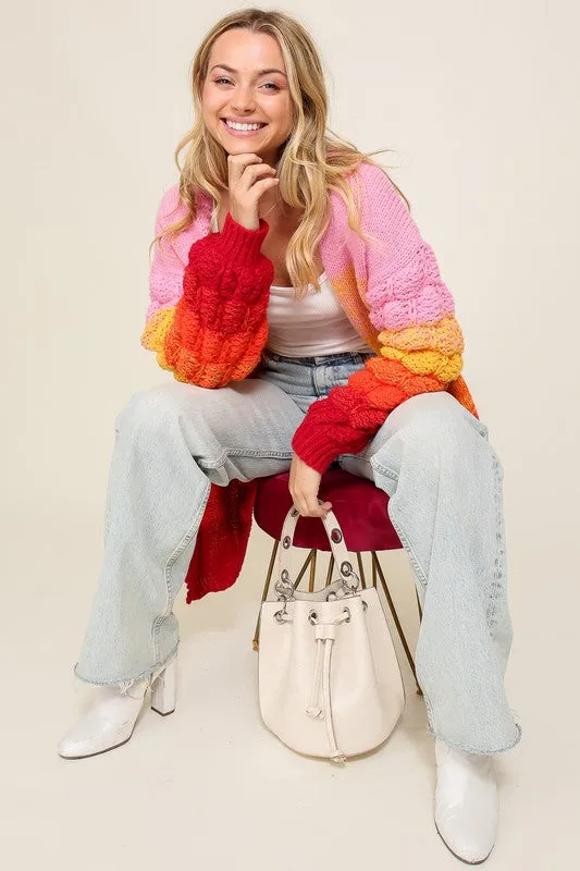 Rainbow Open Front Cable Knit Multi Color Ombre Cardigan