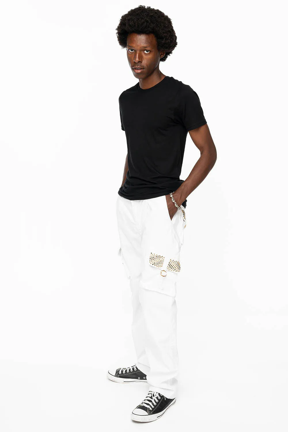 ROBINS NEW MILITARY STYLE CARGO PANTS IN WHITE WITH BLK DIAMOND AND AURUM CRYSTALS