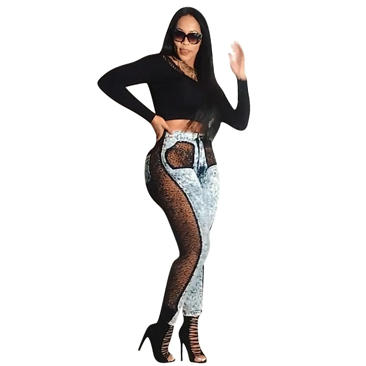 Sexy Plus Size High Waist Lace Sheer Denim Pants