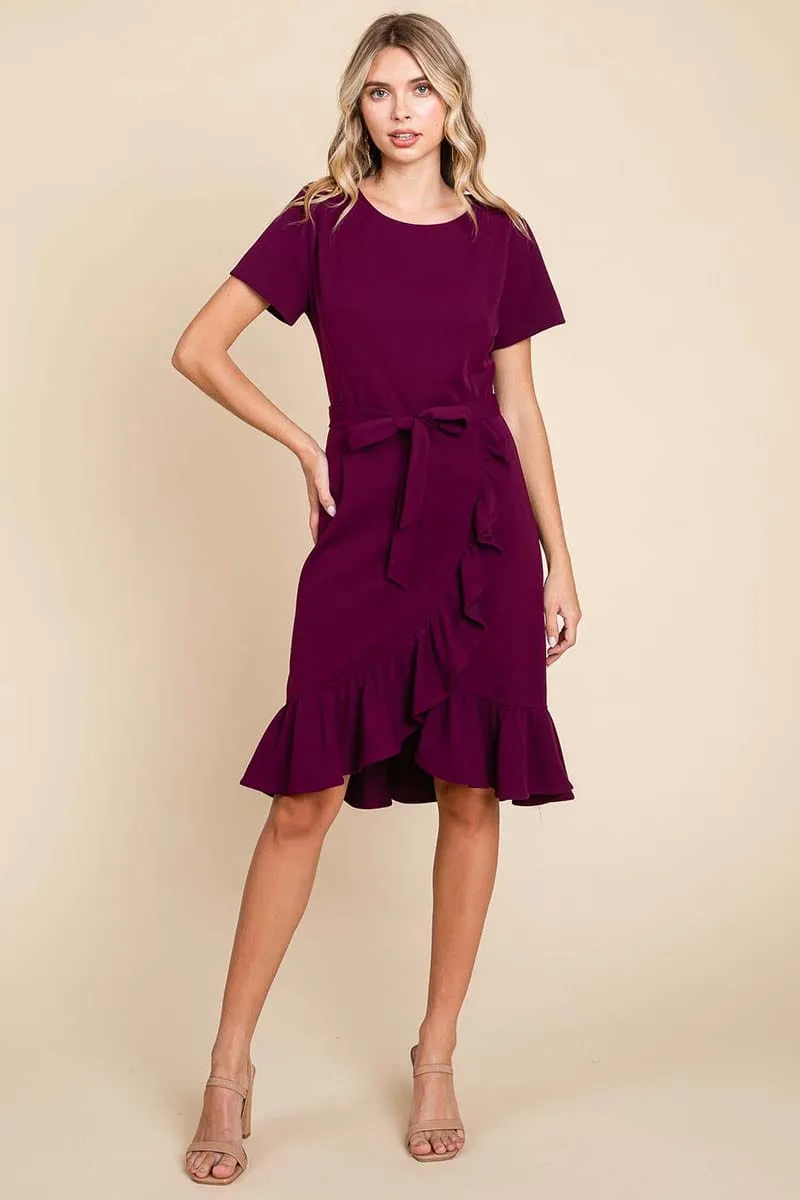 Short Sleeve Ruffled Tulip Hem Tie Belt Dress