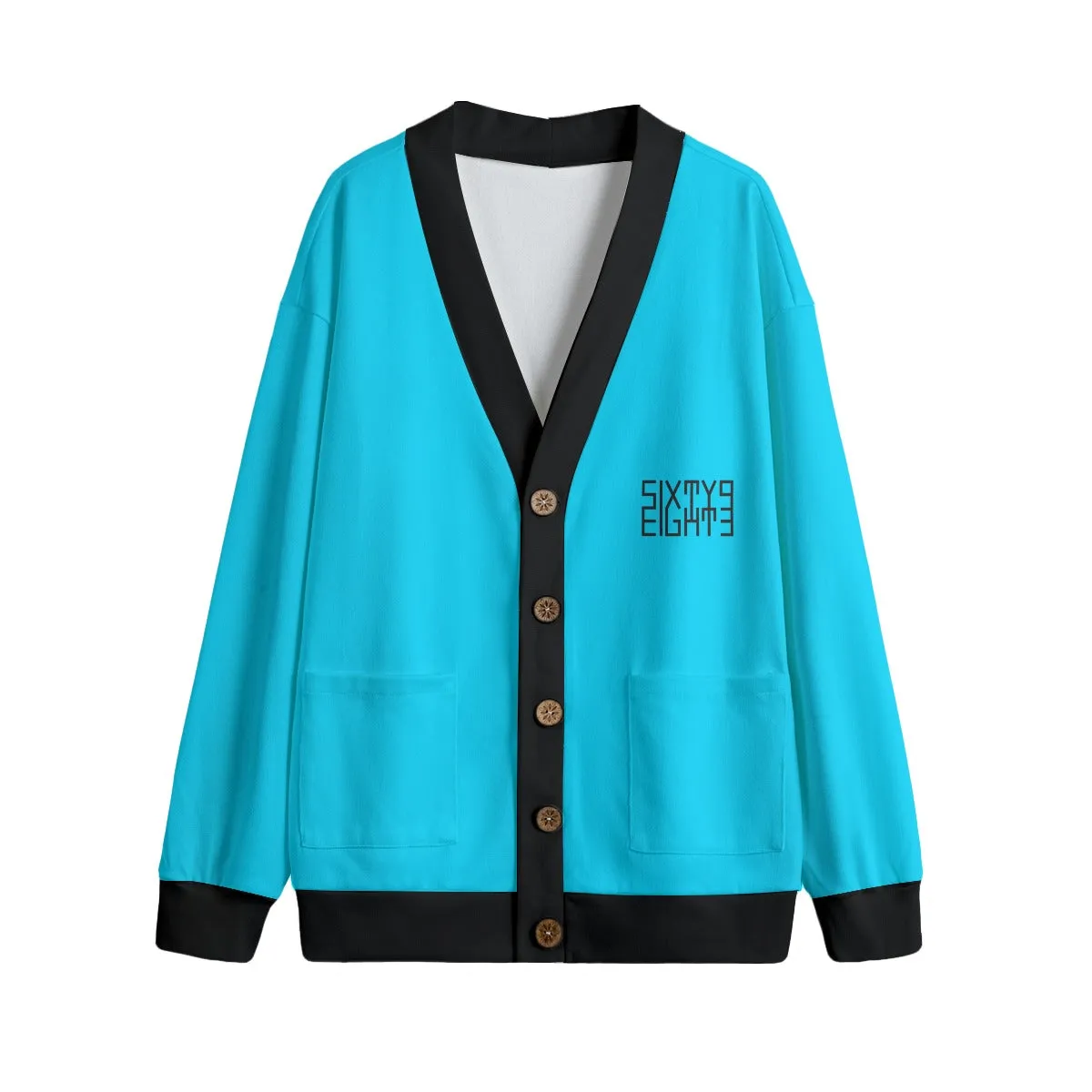 Sixty Eight 93 Logo Black Aqua Blue & Black Unisex V-Neck Knitted Fleece Cardigan