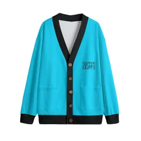 Sixty Eight 93 Logo Black Aqua Blue & Black Unisex V-Neck Knitted Fleece Cardigan
