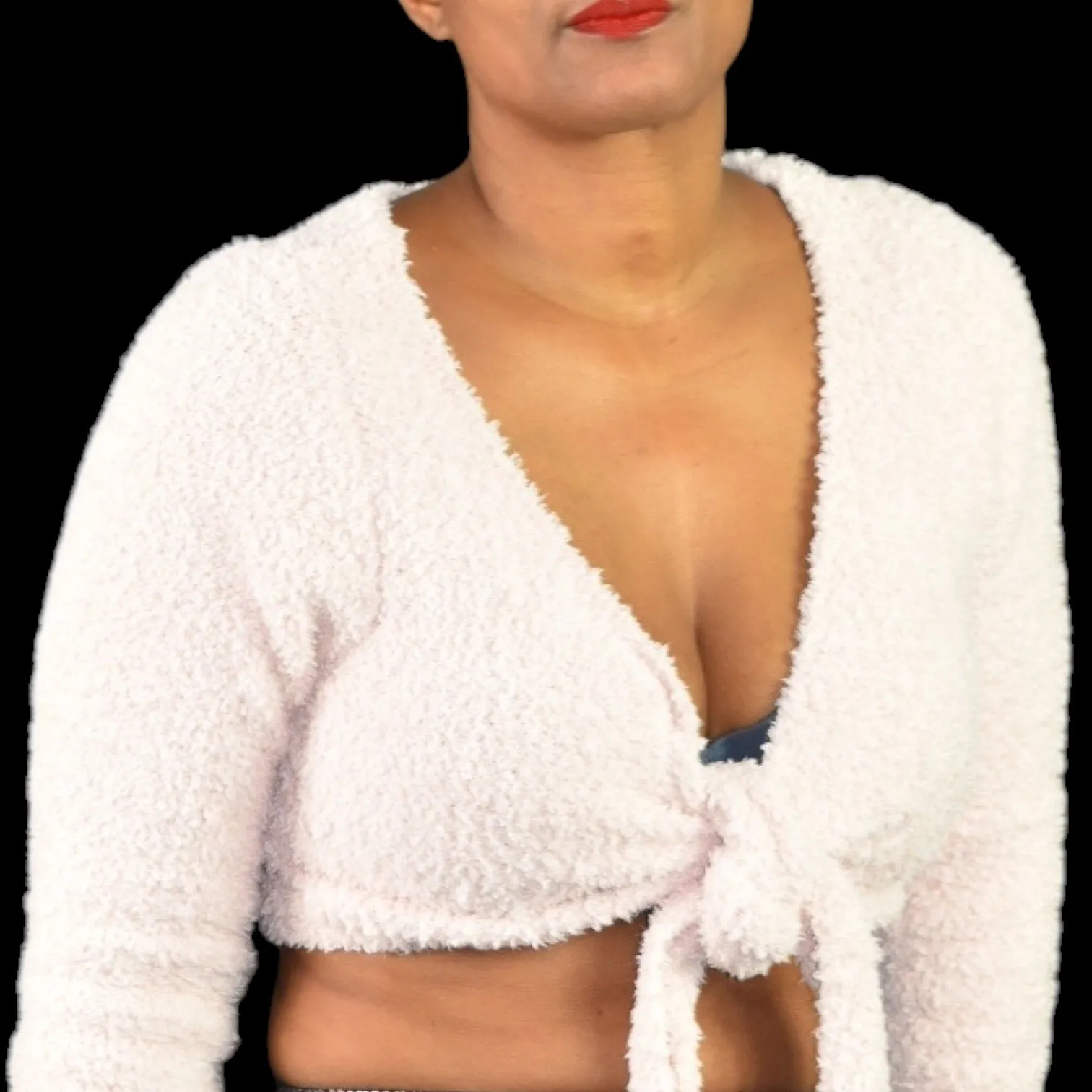 Skims Cozy Knit Wrap Top Pink Ties Cropped Fuzzy Furry Boucle Stretch Size Large XL