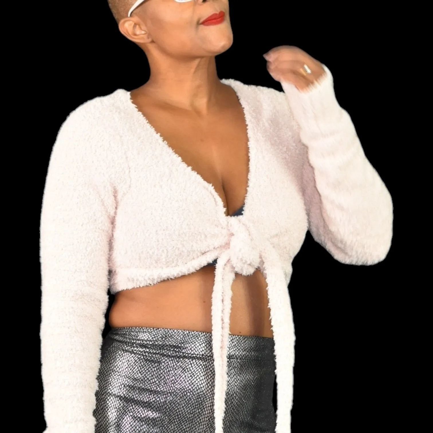 Skims Cozy Knit Wrap Top Pink Ties Cropped Fuzzy Furry Boucle Stretch Size Large XL