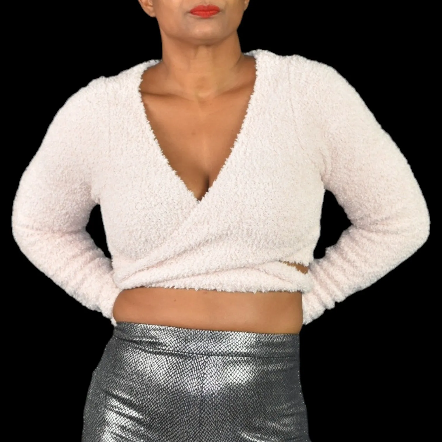 Skims Cozy Knit Wrap Top Pink Ties Cropped Fuzzy Furry Boucle Stretch Size Large XL