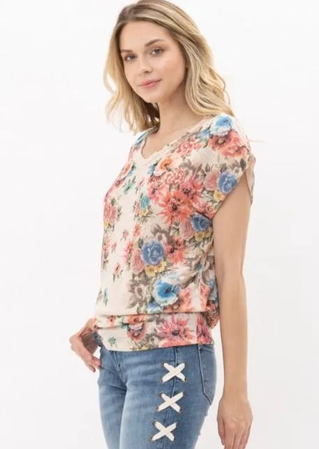 Sublimation Print V-Neck Short Dolman Sleeve Top #348