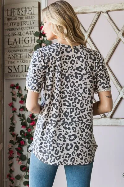 Taupem Leopard Round Neck Petal Sleeve T-Shirt