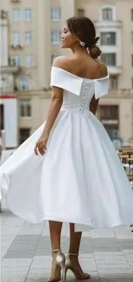 Tea Length Off Shoulder Sleeve Wedding Dress