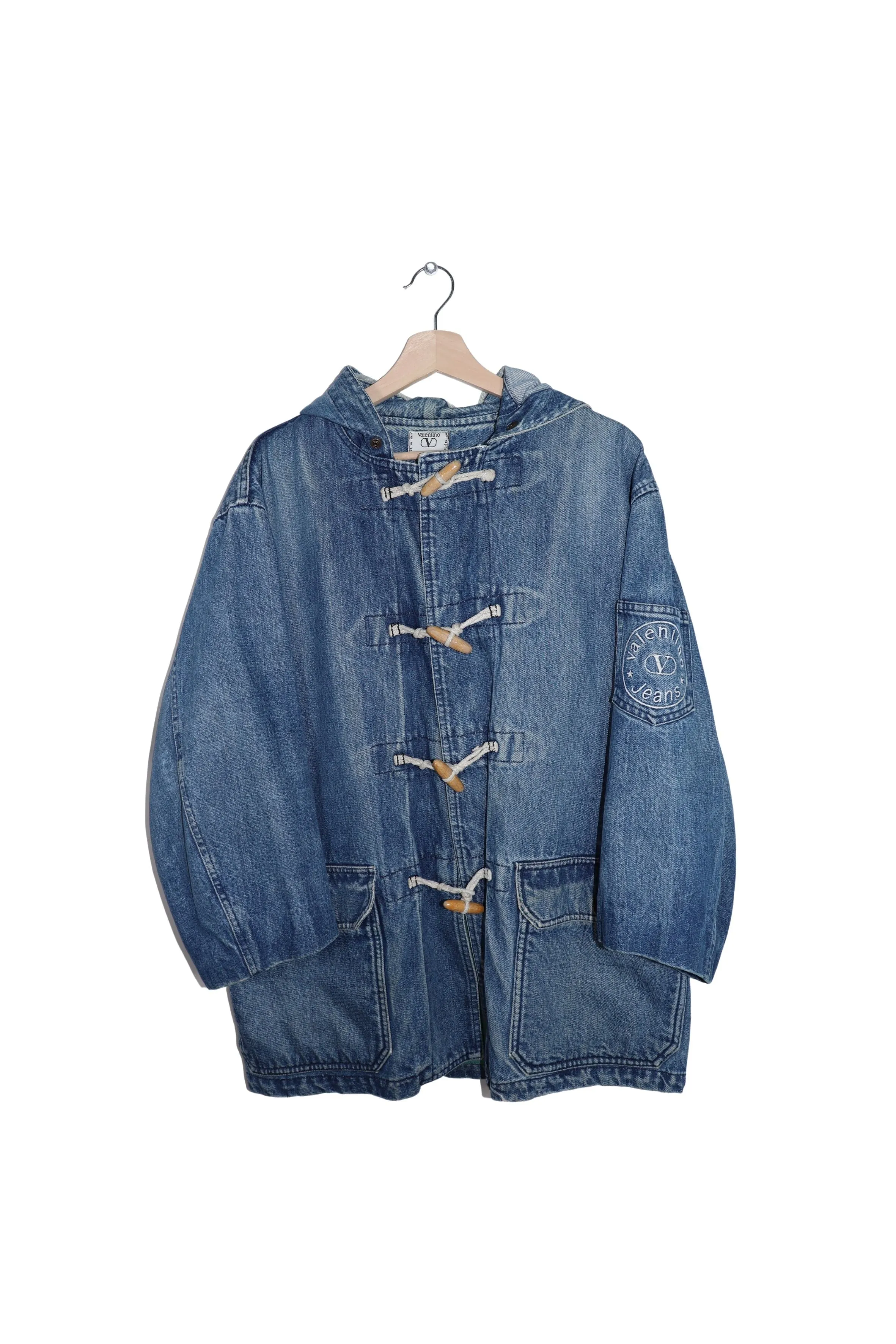 Valentino Jeans Embroidered Logo Hooded Denim Duffle Coat
