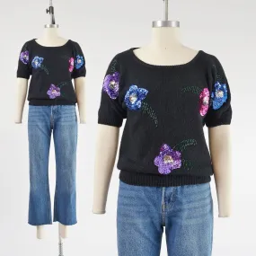 Vintage 80s Black Floral Beaded Silk Angora Short Sleeve Sweater size S M