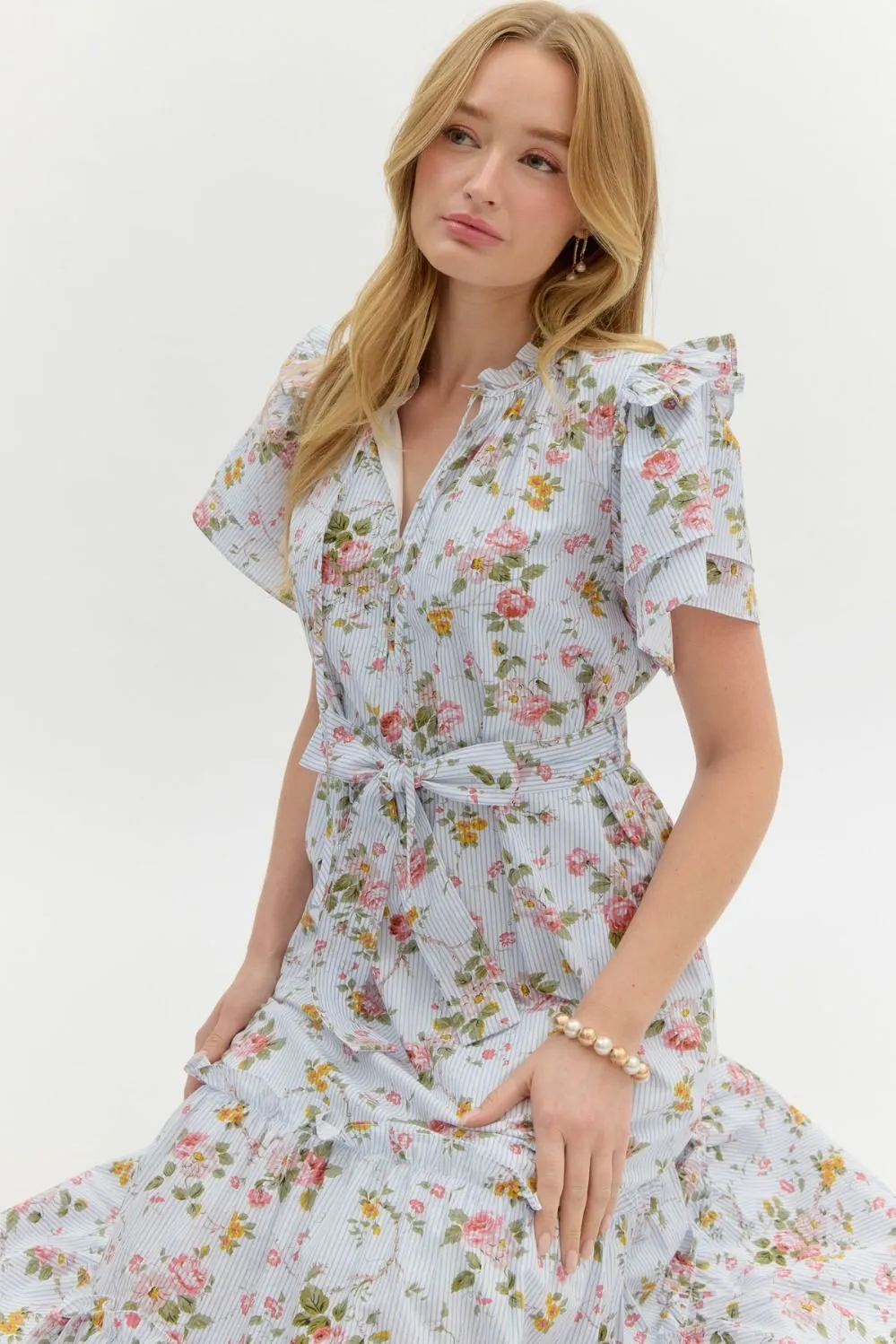 Vintage Floral Ruffle Midi Dress by Entro