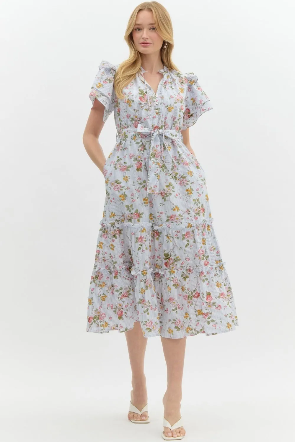 Vintage Floral Ruffle Midi Dress by Entro