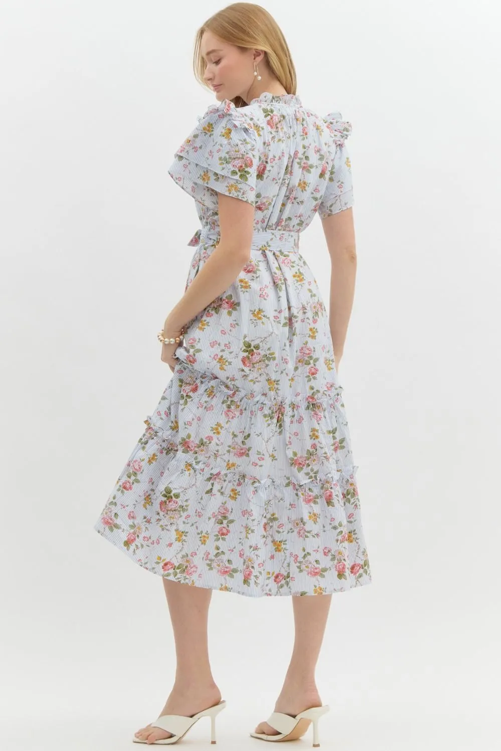Vintage Floral Ruffle Midi Dress by Entro