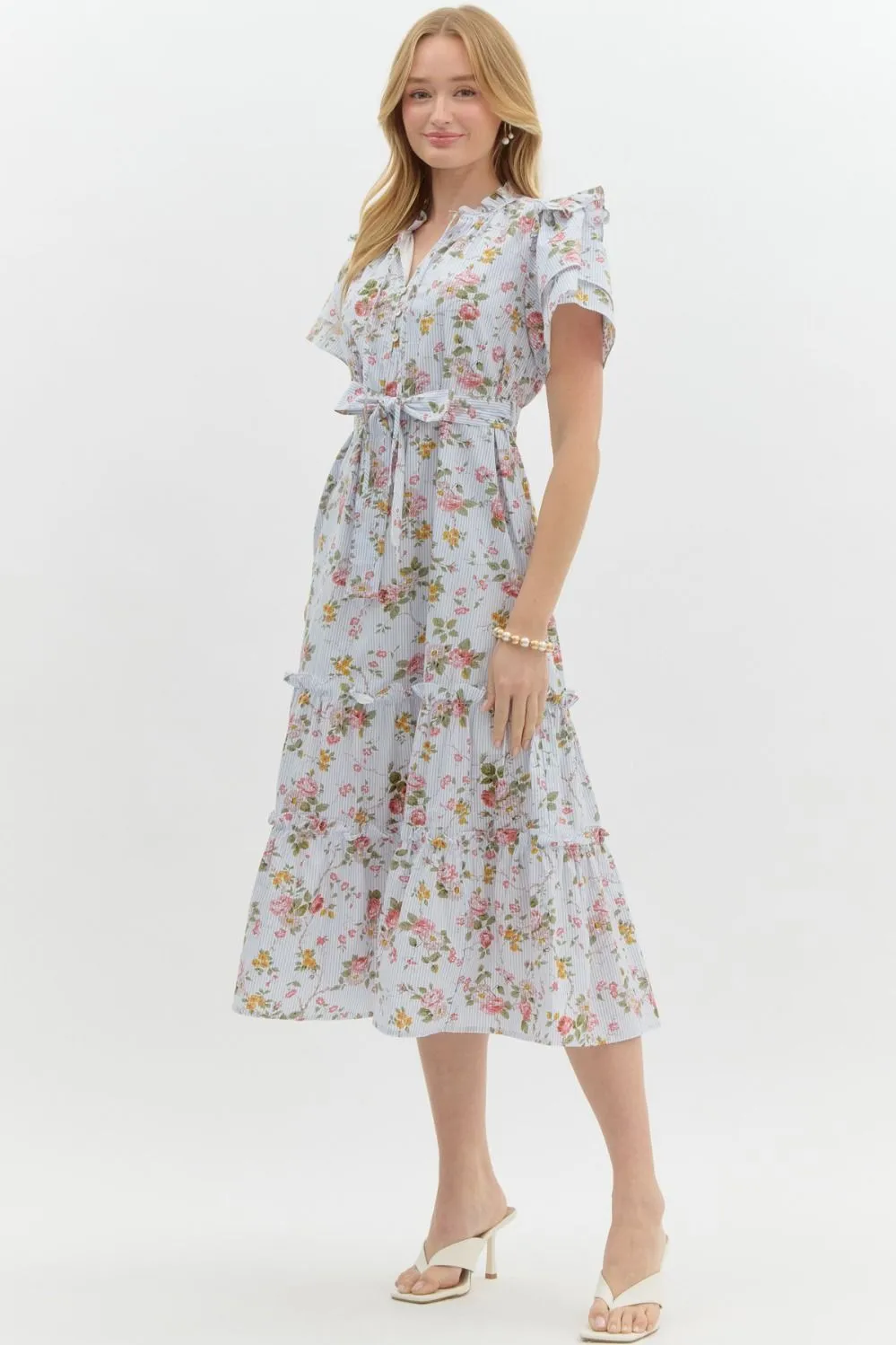Vintage Floral Ruffle Midi Dress by Entro