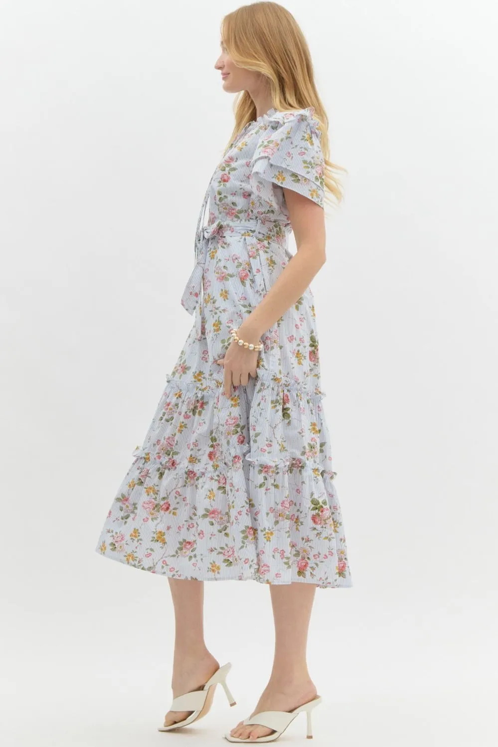 Vintage Floral Ruffle Midi Dress by Entro