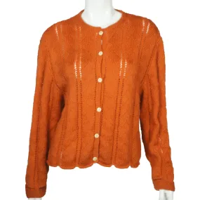 Vintage Hand Knit Sweater Cardigan Style 1960s Rust Brown Wool Ladies Size L