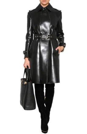 Viro Black Leather Long Trench Coat Women Outfit with Belt