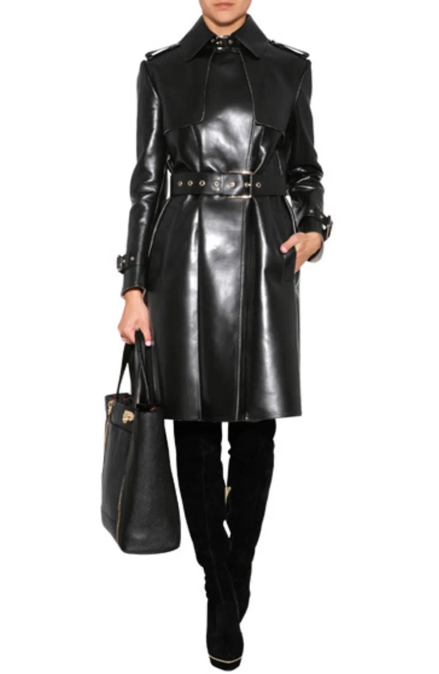 Viro Black Leather Long Trench Coat Women Outfit with Belt