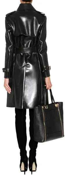Viro Black Leather Long Trench Coat Women Outfit with Belt