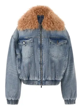 Wenkouban-Winter outfits Christmas Fur Collar Double Zipper Thick Short Denim Coat