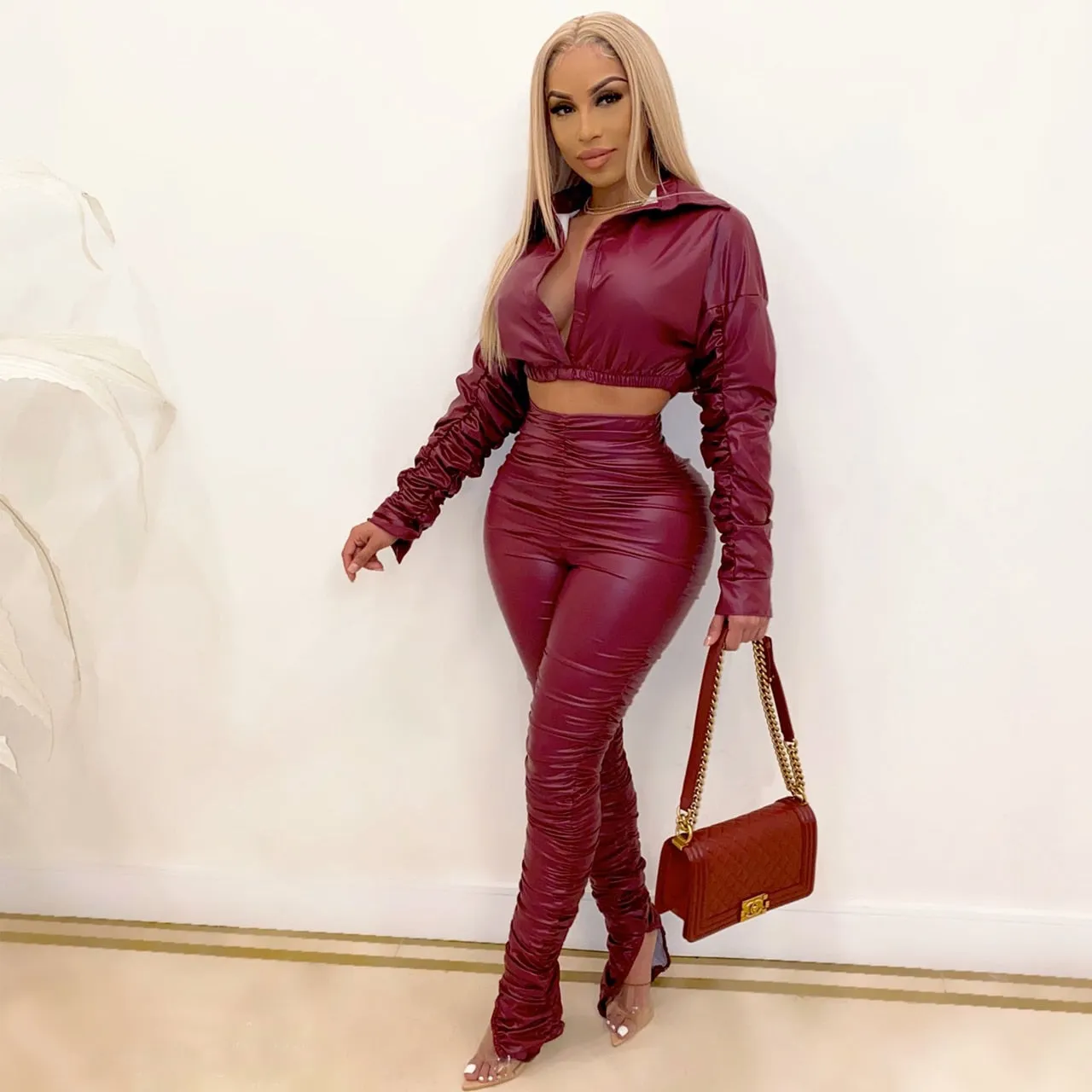 Winter Ladies PU Leather 2 Piece Set