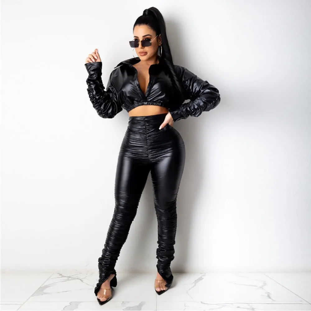 Winter Ladies PU Leather 2 Piece Set