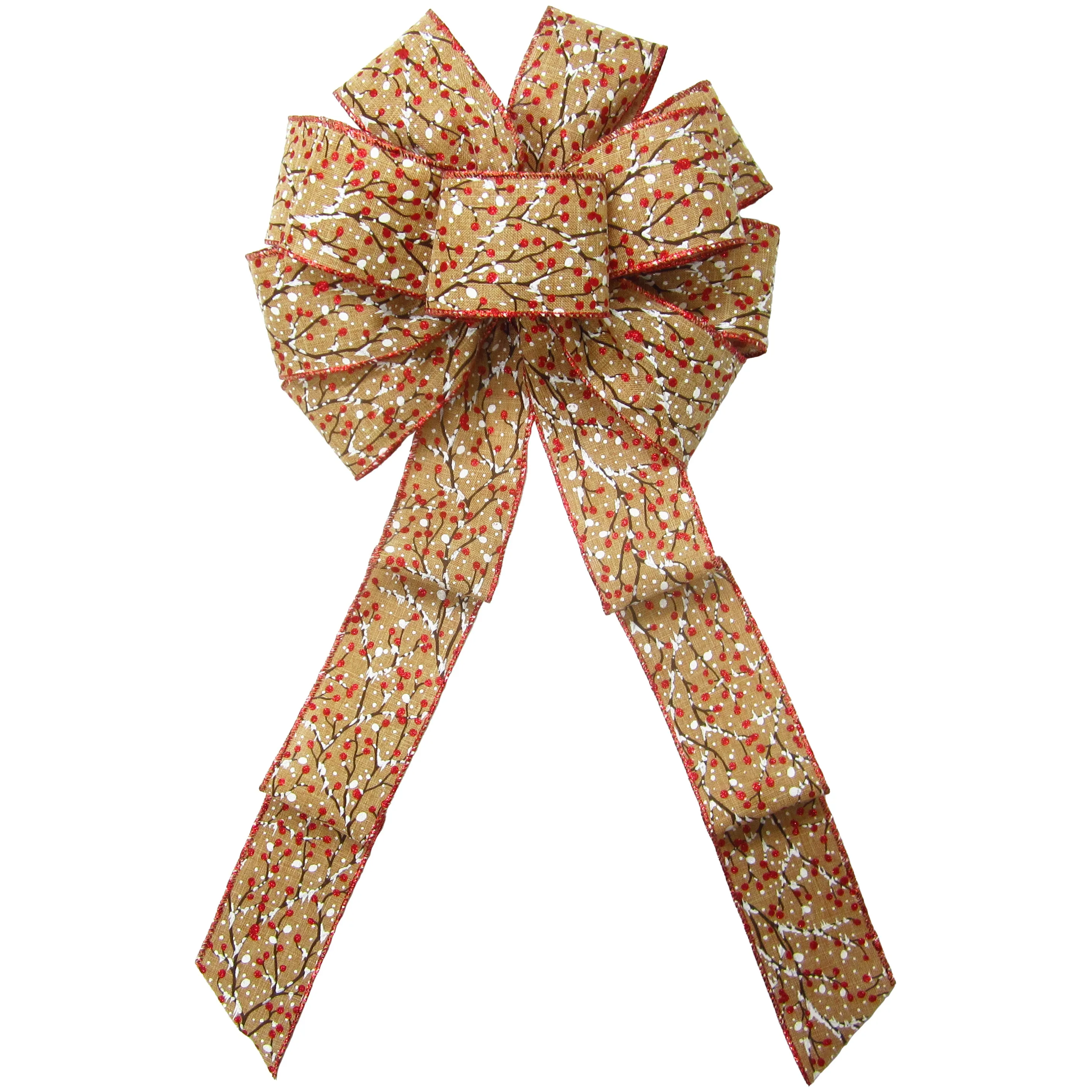 Wired Berries & Snow Linen Burlap Bow (2.5"ribbon~10"Wx20"L)