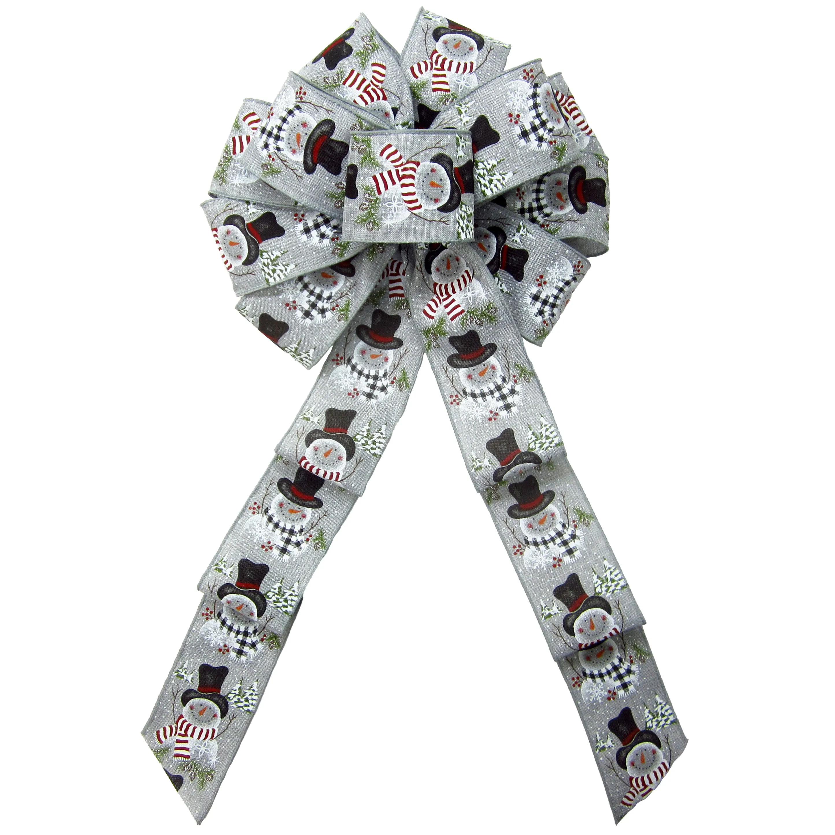 Wired Buffalo Candy Snowman Gray Linen Christmas Bow (2.5"ribbon~10"Wx20"L)