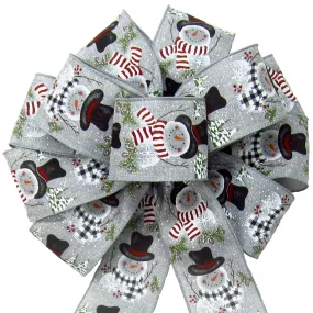 Wired Buffalo Candy Snowman Gray Linen Christmas Bow (2.5"ribbon~10"Wx20"L)