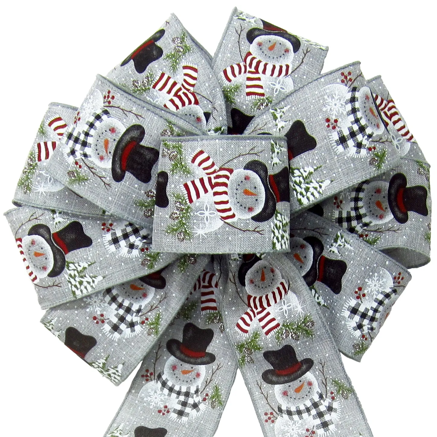 Wired Buffalo Candy Snowman Gray Linen Christmas Bow (2.5"ribbon~10"Wx20"L)