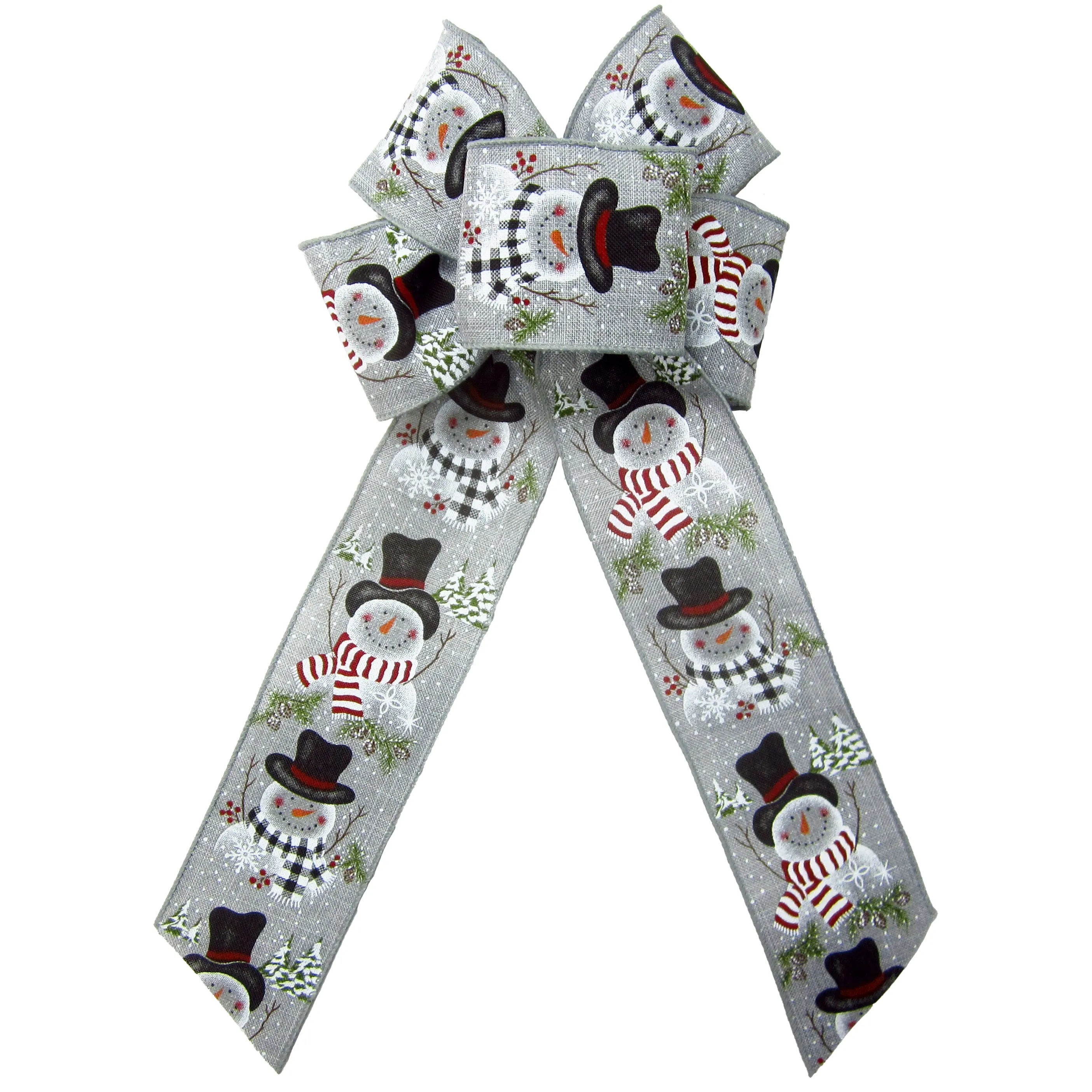 Wired Buffalo Candy Snowman Gray Linen Christmas Bow (2.5"ribbon~6"Wx10"L)