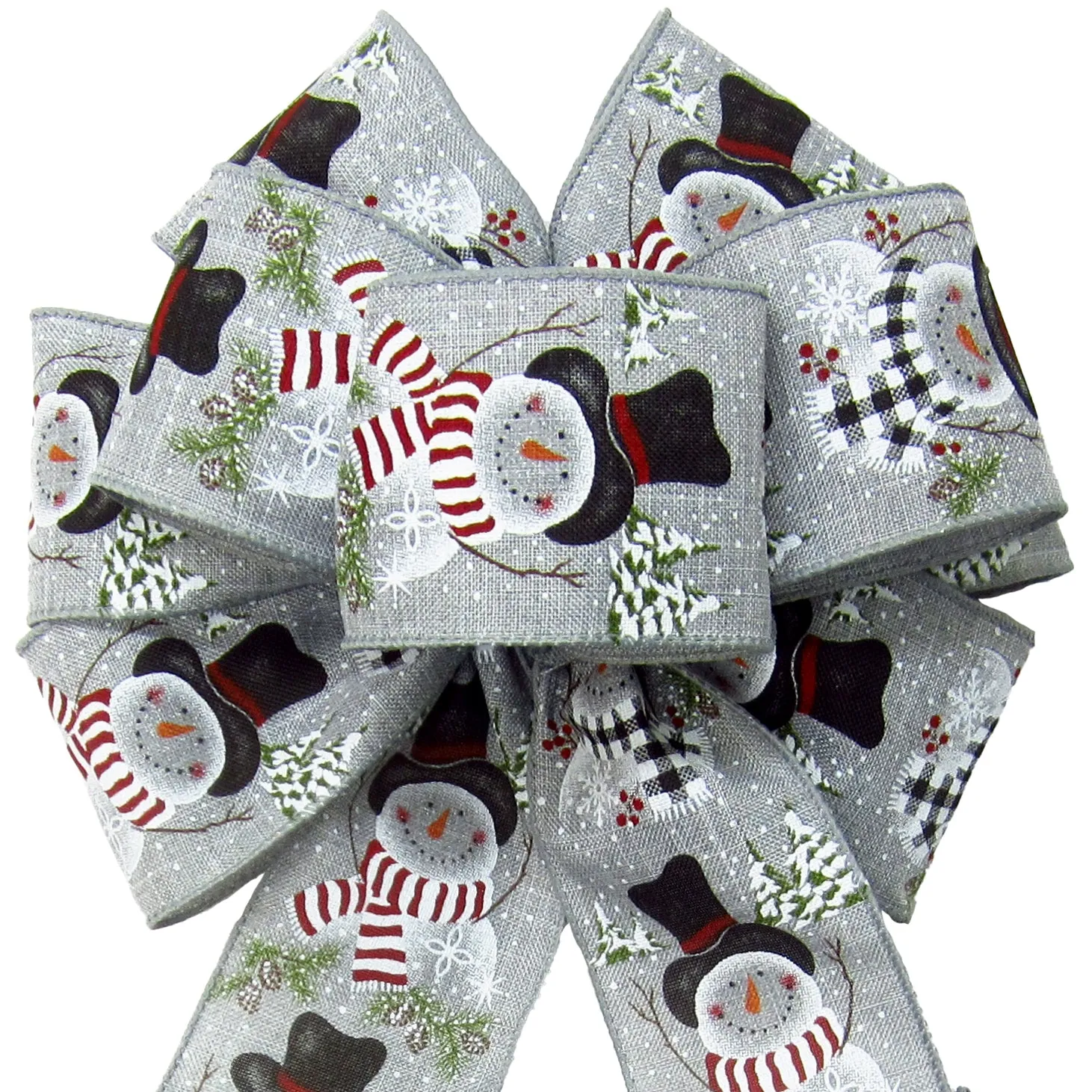 Wired Buffalo Candy Snowman Gray Linen Christmas Bow (2.5"ribbon~8"Wx16"L)