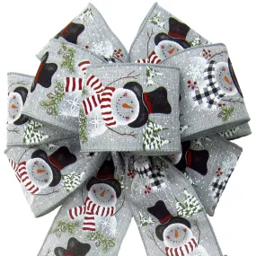 Wired Buffalo Candy Snowman Gray Linen Christmas Bow (2.5"ribbon~8"Wx16"L)