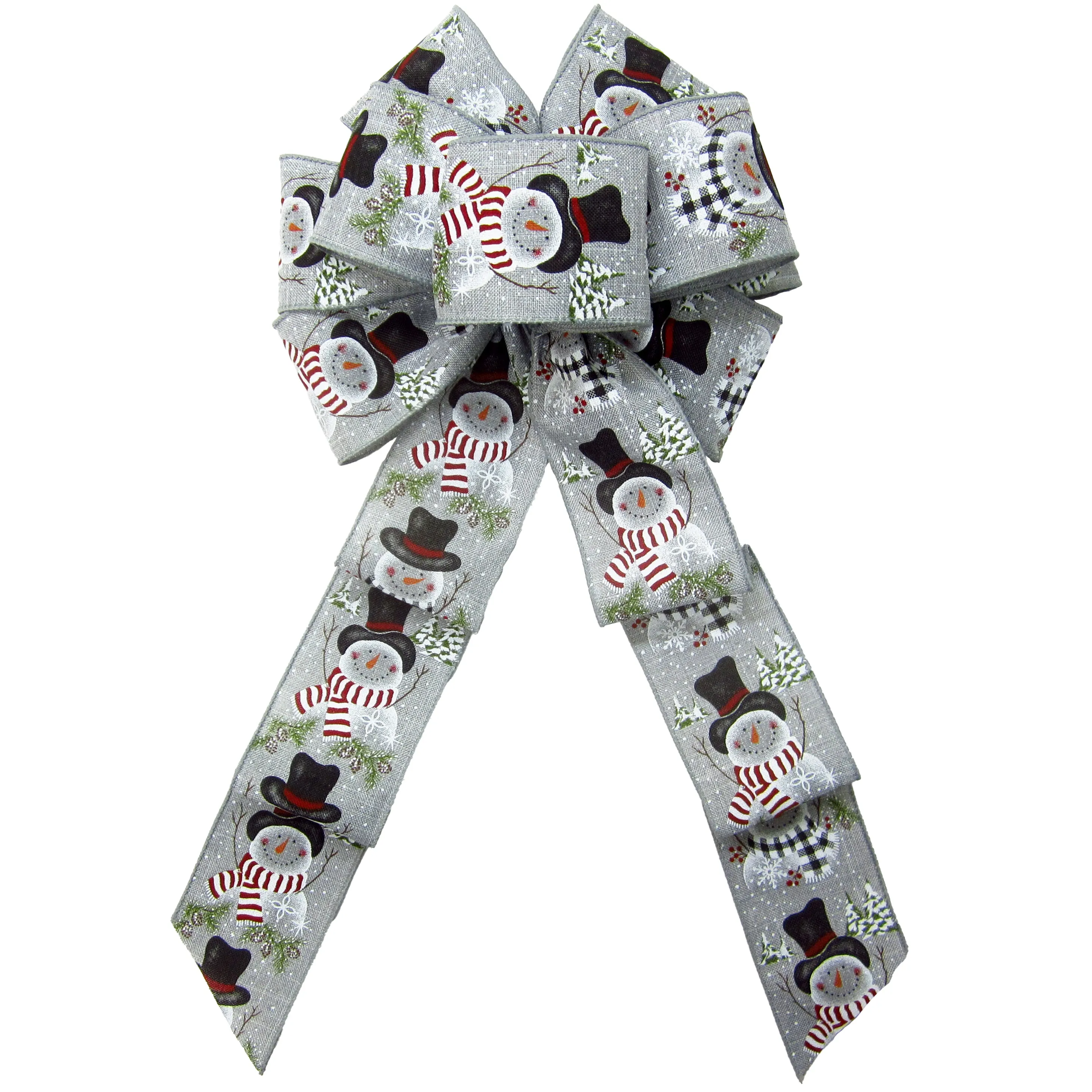 Wired Buffalo Candy Snowman Gray Linen Christmas Bow (2.5"ribbon~8"Wx16"L)